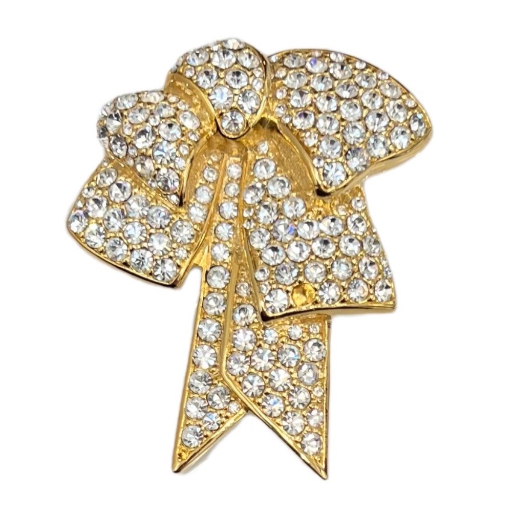 VINTAGE NOLAN MILLER GLAMOUR COLLECTION GOLD TONE PAVE CRYSTAL BOW BROOCH